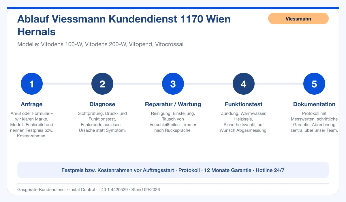 Infografik Ablauf Viessmann Kundendienst 1170 Wien Hernals: Anfrage, Diagnose, Service, Funktionstest, Protokoll