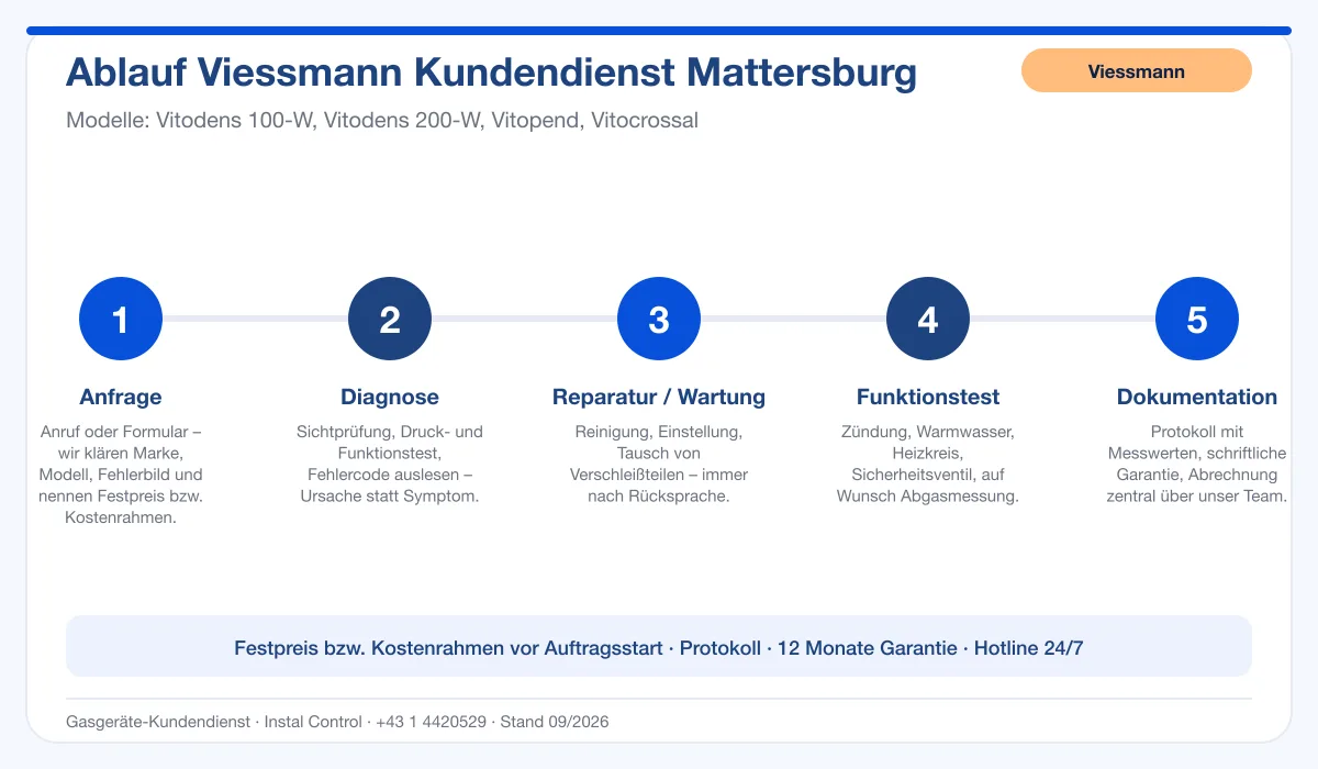 Infografik Ablauf Viessmann Kundendienst Mattersburg: Anfrage, Diagnose, Service, Funktionstest, Protokoll