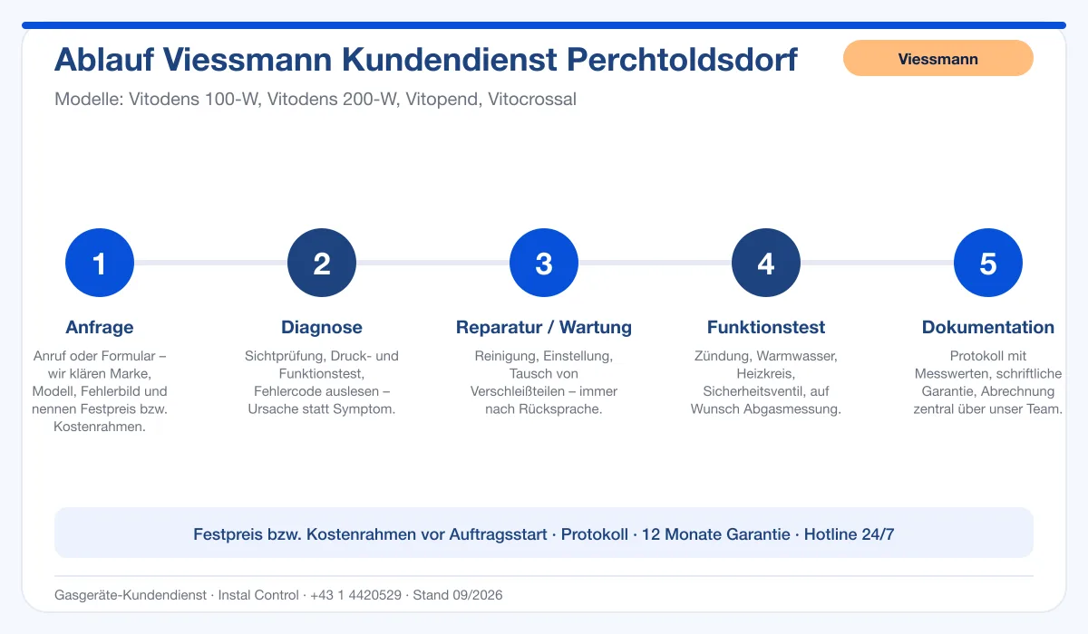 Infografik Ablauf Viessmann Kundendienst Perchtoldsdorf: Anfrage, Diagnose, Service, Funktionstest, Protokoll