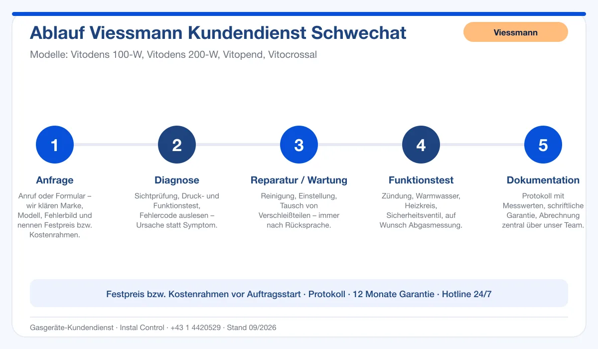 Infografik Ablauf Viessmann Kundendienst Schwechat: Anfrage, Diagnose, Service, Funktionstest, Protokoll