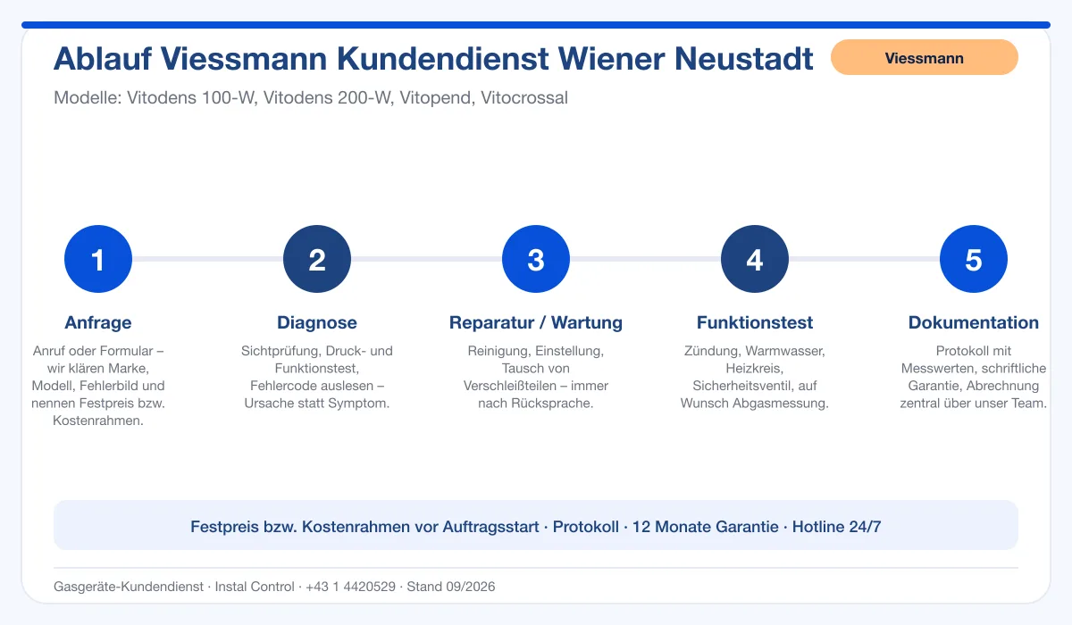 Infografik Ablauf Viessmann Kundendienst Wiener Neustadt: Anfrage, Diagnose, Service, Funktionstest, Protokoll