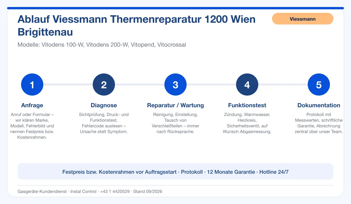 Infografik Ablauf Viessmann Thermenreparatur 1200 Wien Brigittenau: Anfrage, Diagnose, Service, Funktionstest, Protokoll