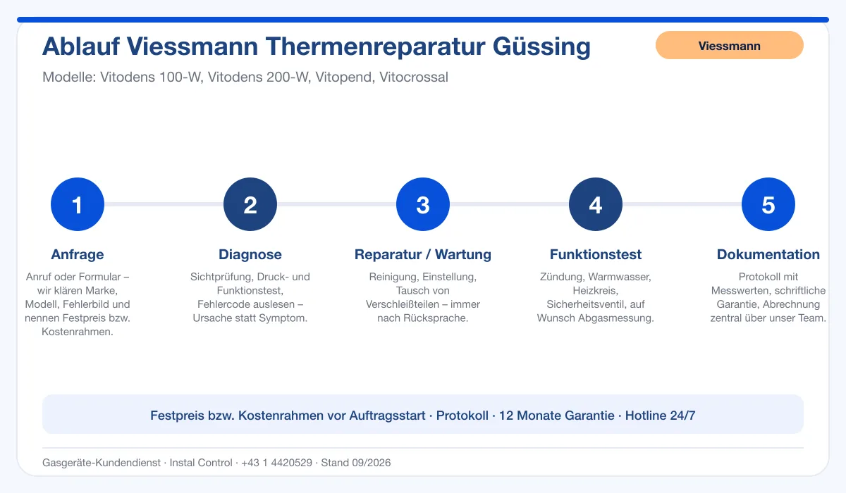 Infografik Ablauf Viessmann Thermenreparatur Güssing: Anfrage, Diagnose, Service, Funktionstest, Protokoll