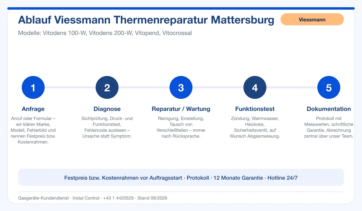 Infografik Ablauf Viessmann Thermenreparatur Mattersburg: Anfrage, Diagnose, Service, Funktionstest, Protokoll