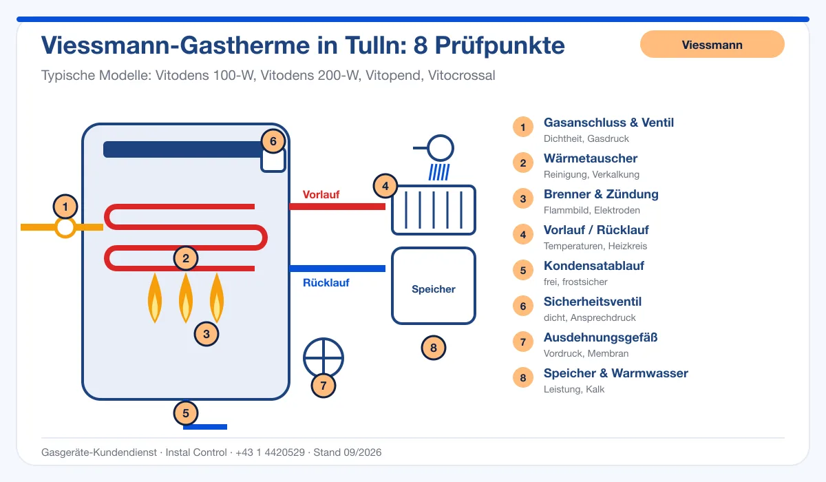 Infografik Viessmann Thermenreparatur Tulln: Aufbau einer Viessmann-Gastherme mit 8 Prüfpunkten