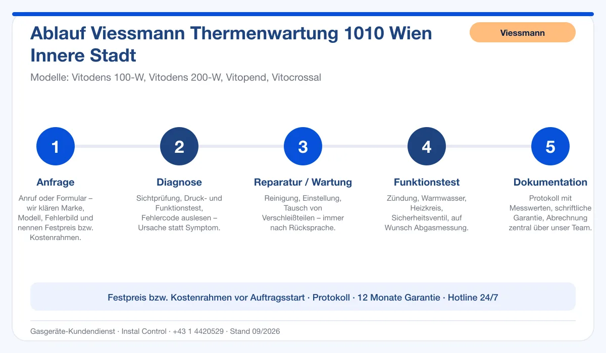 Infografik Ablauf Viessmann Thermenwartung 1010 Wien Innere Stadt: Anfrage, Diagnose, Service, Funktionstest, Protokoll
