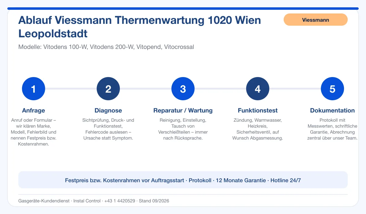 Infografik Ablauf Viessmann Thermenwartung 1020 Wien Leopoldstadt: Anfrage, Diagnose, Service, Funktionstest, Protokoll