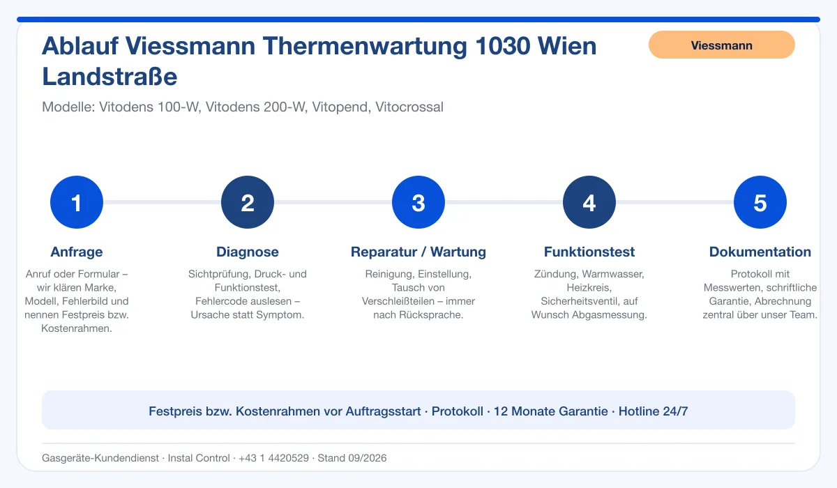 Infografik Ablauf Viessmann Thermenwartung 1030 Wien Landstraße: Anfrage, Diagnose, Service, Funktionstest, Protokoll