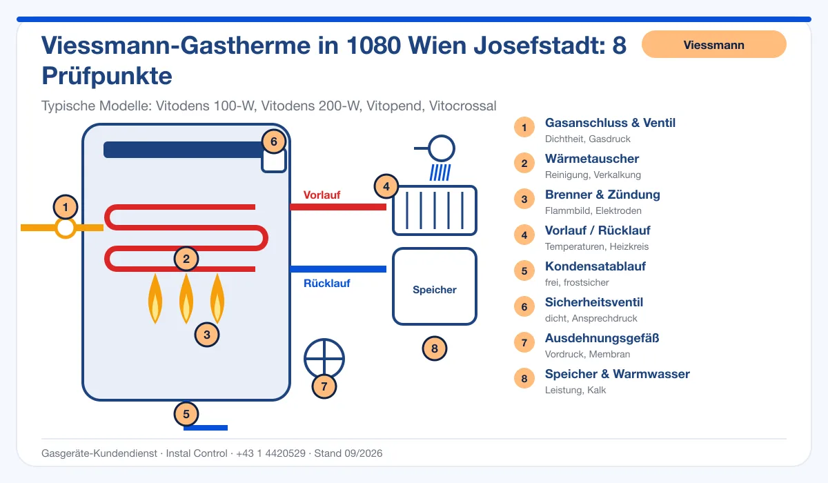 Infografik Viessmann Thermenwartung 1080 Wien Josefstadt: Aufbau einer Viessmann-Gastherme mit 8 Prüfpunkten