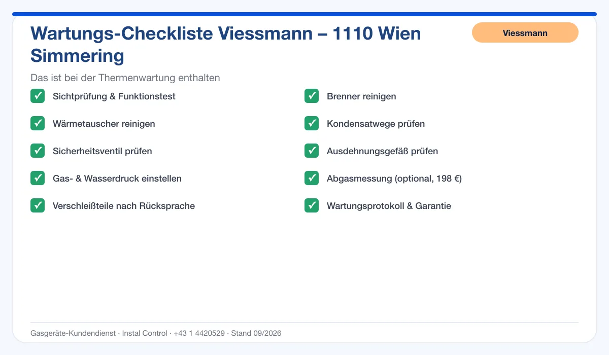 Infografik Viessmann Thermenwartung 1110 Wien Simmering: Wartungs-Checkliste mit 10 enthaltenen Leistungen