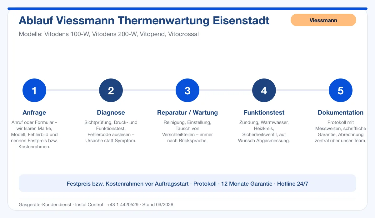 Infografik Ablauf Viessmann Thermenwartung Eisenstadt: Anfrage, Diagnose, Service, Funktionstest, Protokoll