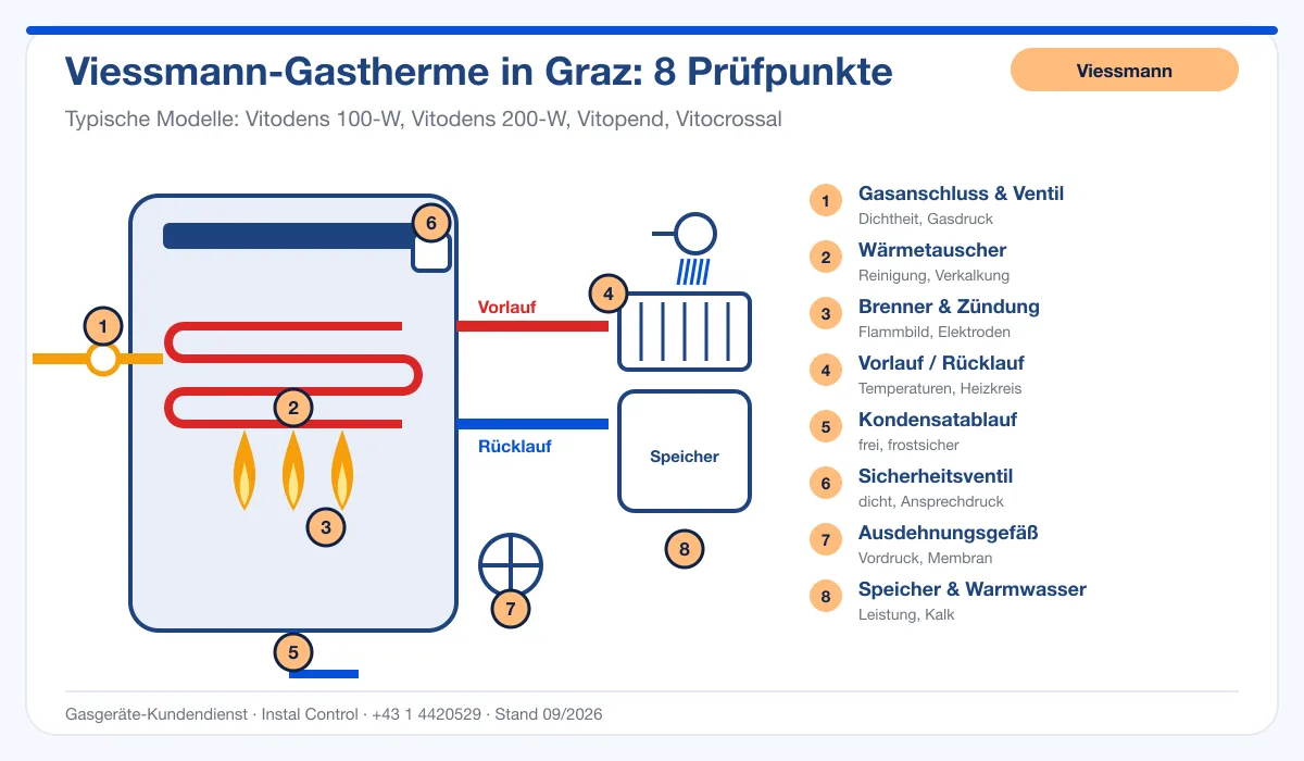 Infografik Viessmann Thermenwartung Graz: Aufbau einer Viessmann-Gastherme mit 8 Prüfpunkten