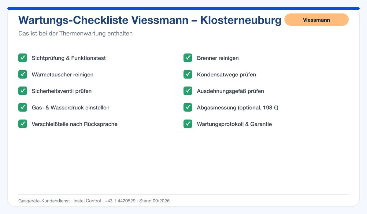 Infografik Viessmann Thermenwartung Klosterneuburg: Wartungs-Checkliste mit 10 enthaltenen Leistungen