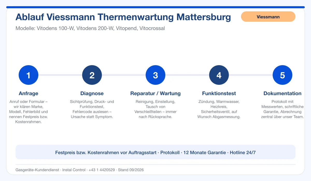 Infografik Ablauf Viessmann Thermenwartung Mattersburg: Anfrage, Diagnose, Service, Funktionstest, Protokoll