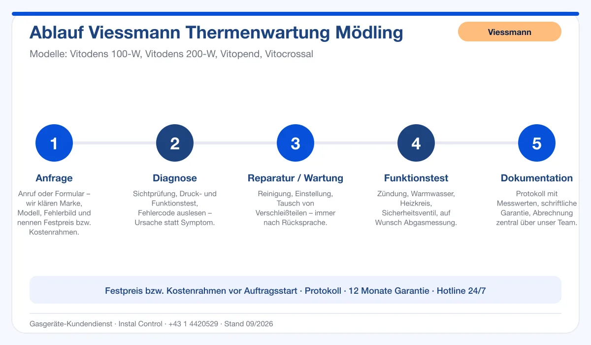 Infografik Ablauf Viessmann Thermenwartung Mödling: Anfrage, Diagnose, Service, Funktionstest, Protokoll