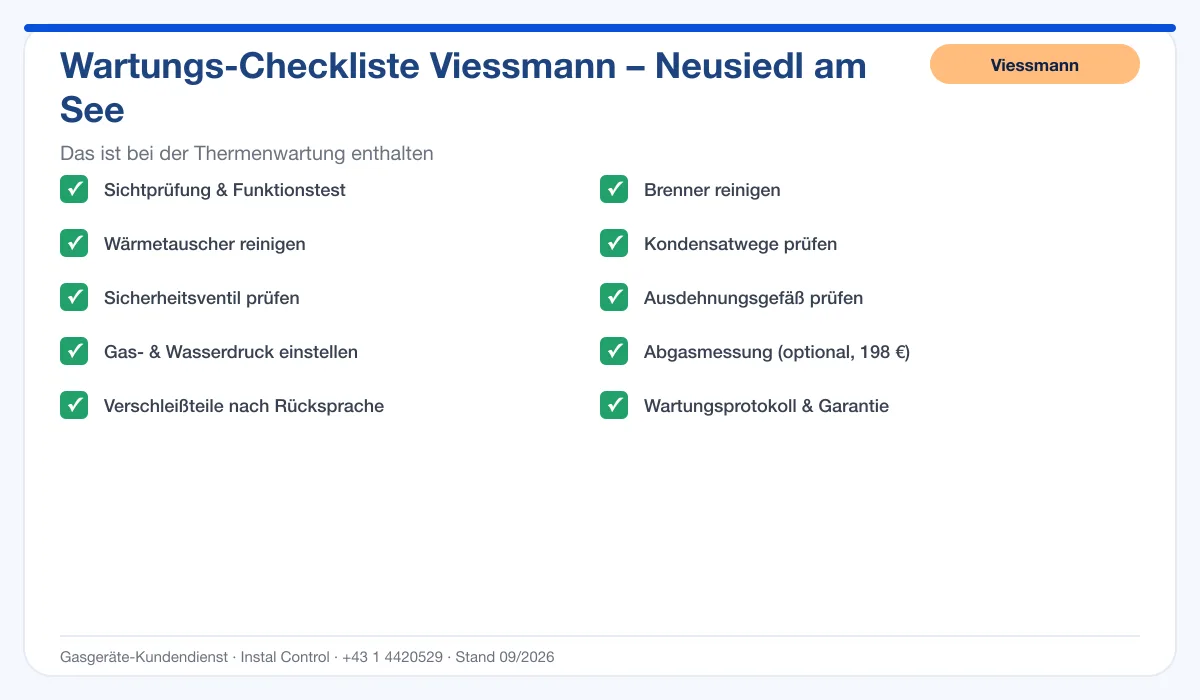 Infografik Viessmann Thermenwartung Neusiedl am See: Wartungs-Checkliste mit 10 enthaltenen Leistungen