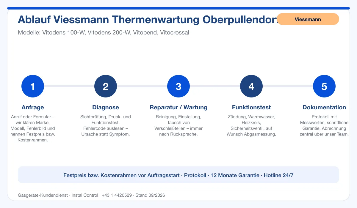 Infografik Ablauf Viessmann Thermenwartung Oberpullendorf: Anfrage, Diagnose, Service, Funktionstest, Protokoll