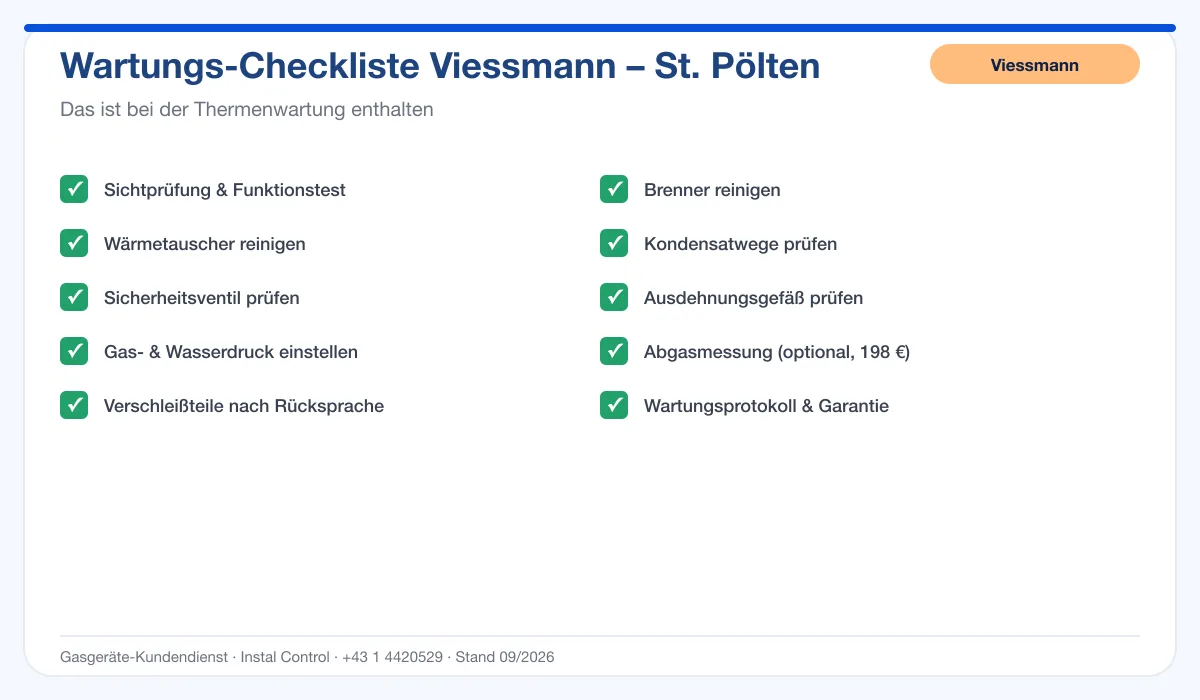 Infografik Viessmann Thermenwartung St. Pölten: Wartungs-Checkliste mit 10 enthaltenen Leistungen