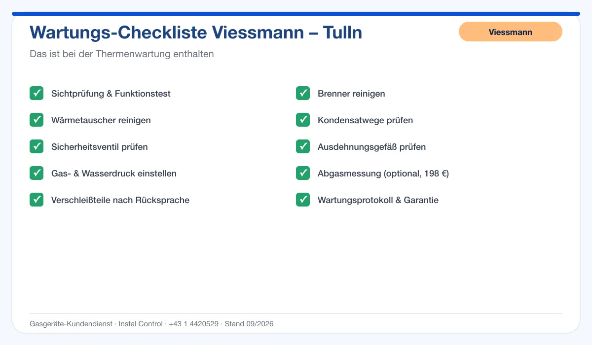 Infografik Viessmann Thermenwartung Tulln: Wartungs-Checkliste mit 10 enthaltenen Leistungen