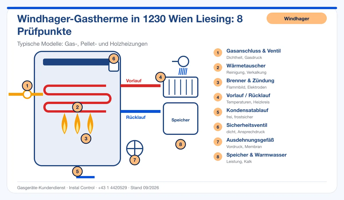 Infografik Windhager Kundendienst 1230 Wien Liesing: Aufbau einer Windhager-Gastherme mit 8 Prüfpunkten