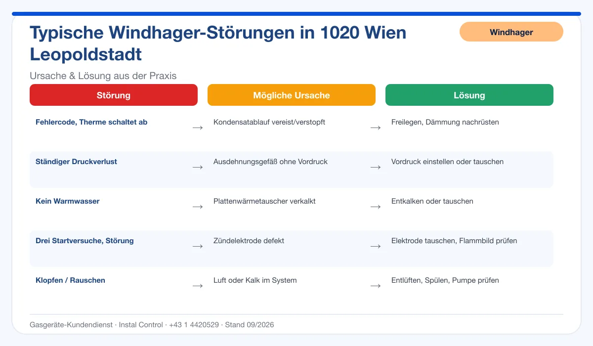 Infografik Windhager Thermenreparatur 1020 Wien Leopoldstadt: typische Störungen, Ursachen und Lösungen