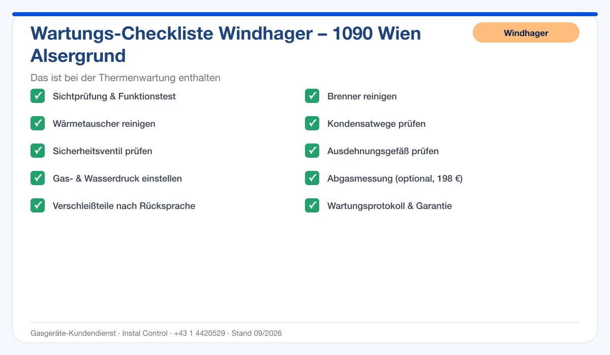 Infografik Windhager Thermenwartung 1090 Wien Alsergrund: Wartungs-Checkliste mit 10 enthaltenen Leistungen