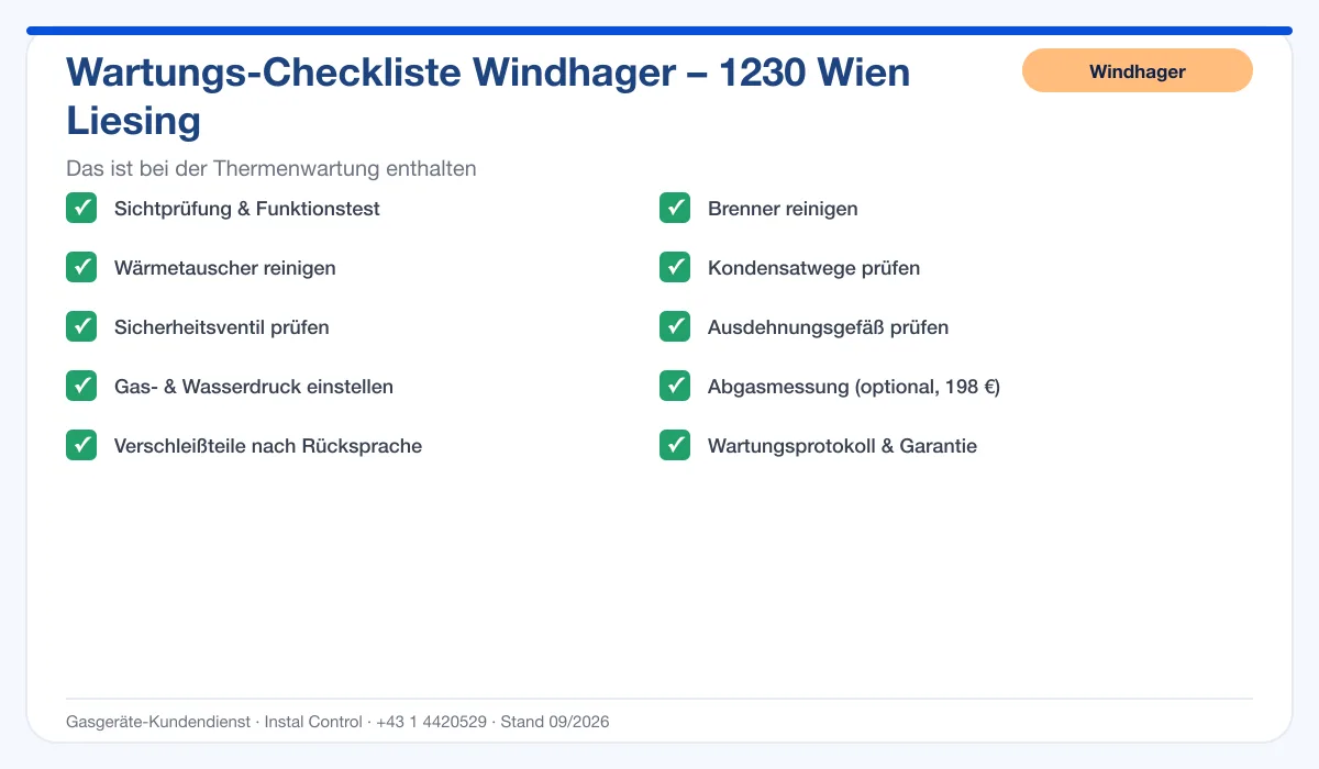 Infografik Windhager Thermenwartung 1230 Wien Liesing: Wartungs-Checkliste mit 10 enthaltenen Leistungen