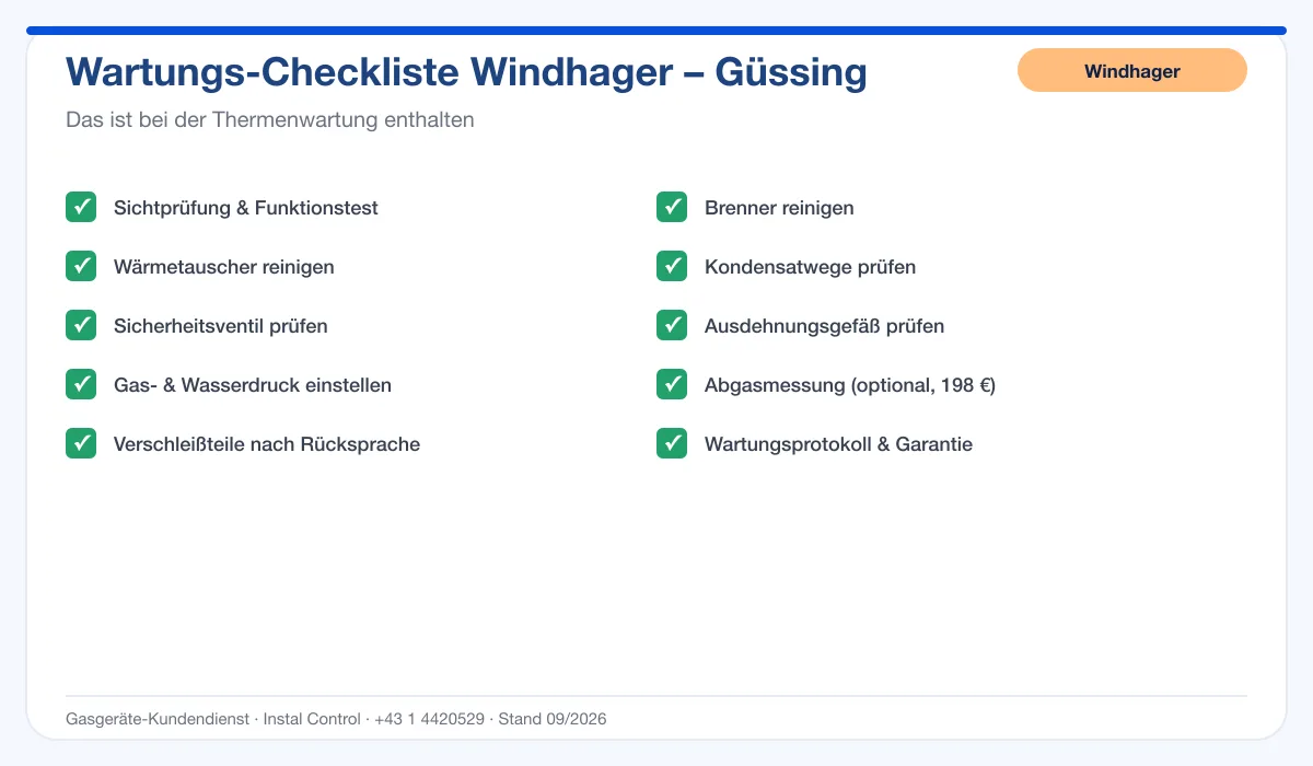 Infografik Windhager Thermenwartung Güssing: Wartungs-Checkliste mit 10 enthaltenen Leistungen