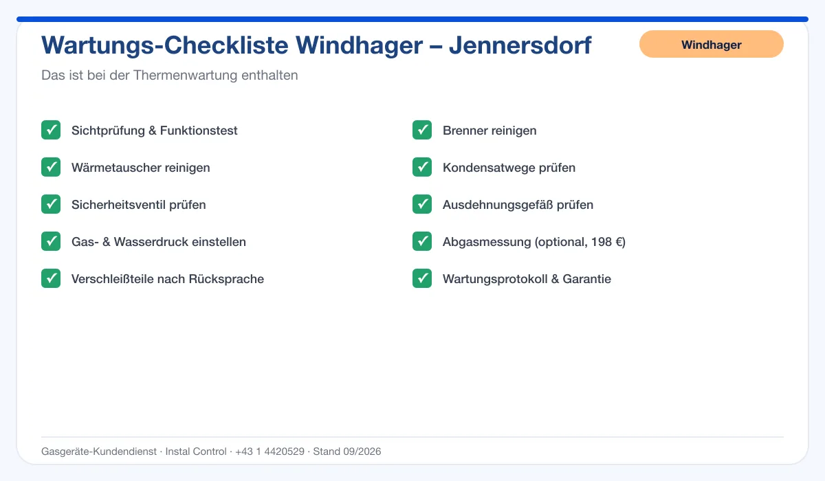 Infografik Windhager Thermenwartung Jennersdorf: Wartungs-Checkliste mit 10 enthaltenen Leistungen