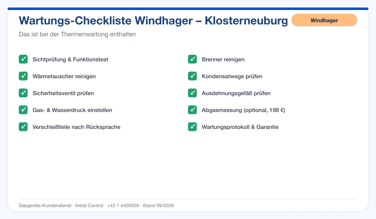 Infografik Windhager Thermenwartung Klosterneuburg: Wartungs-Checkliste mit 10 enthaltenen Leistungen
