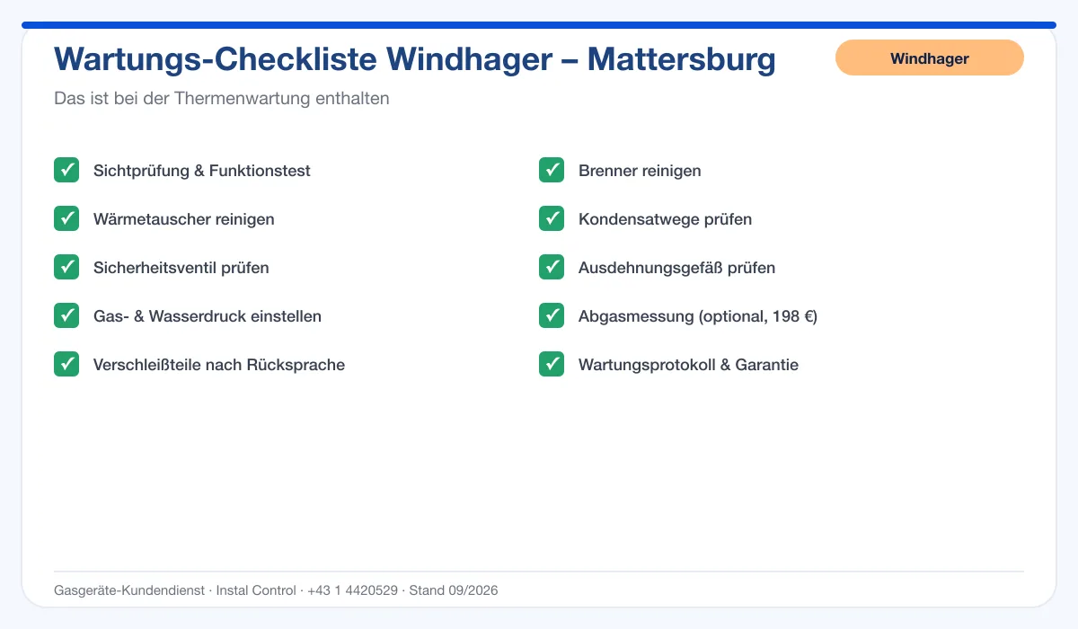 Infografik Windhager Thermenwartung Mattersburg: Wartungs-Checkliste mit 10 enthaltenen Leistungen