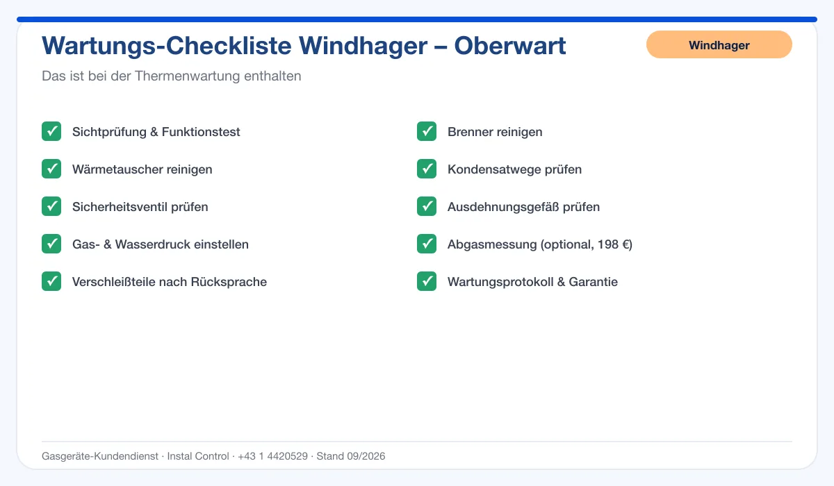 Infografik Windhager Thermenwartung Oberwart: Wartungs-Checkliste mit 10 enthaltenen Leistungen