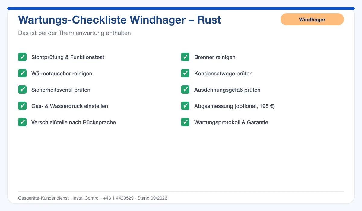 Infografik Windhager Thermenwartung Rust: Wartungs-Checkliste mit 10 enthaltenen Leistungen