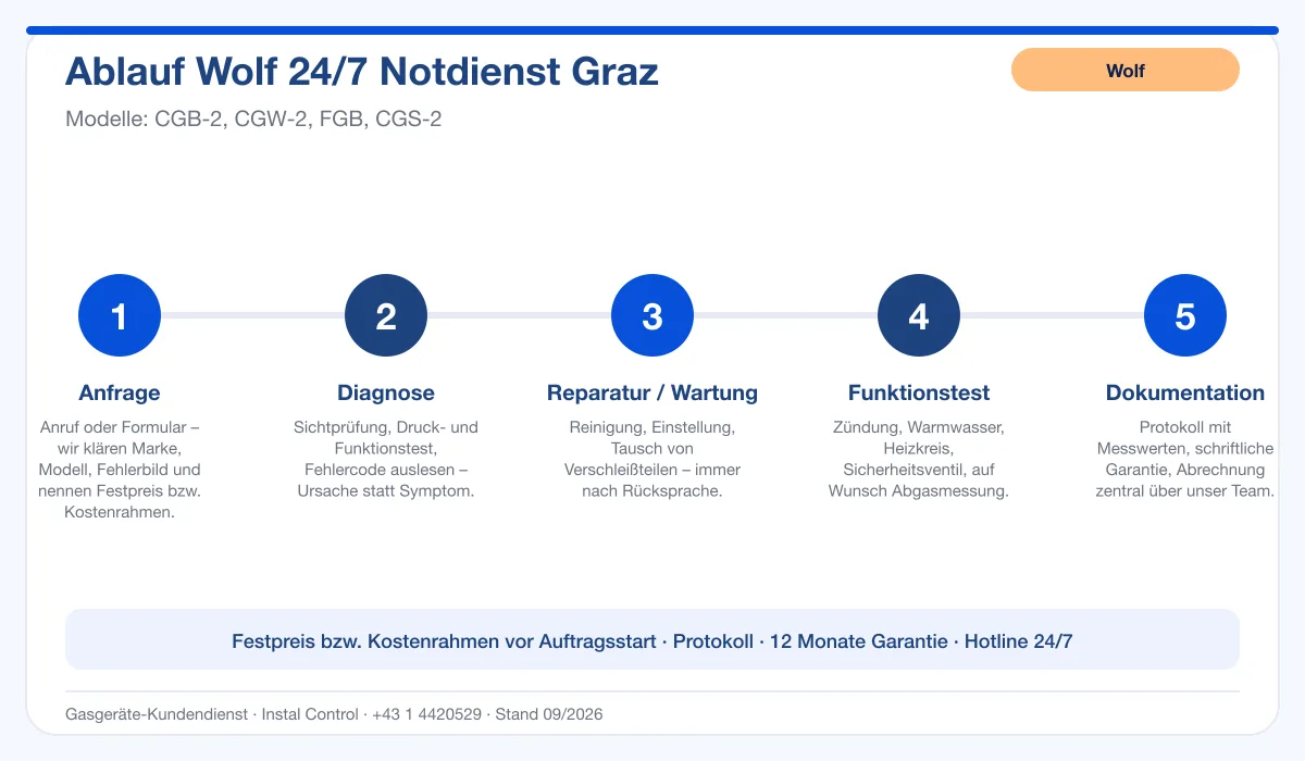 Infografik Ablauf Wolf 24/7 Notdienst Graz: Anfrage, Diagnose, Service, Funktionstest, Protokoll