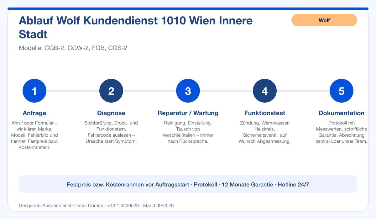 Infografik Ablauf Wolf Kundendienst 1010 Wien Innere Stadt: Anfrage, Diagnose, Service, Funktionstest, Protokoll