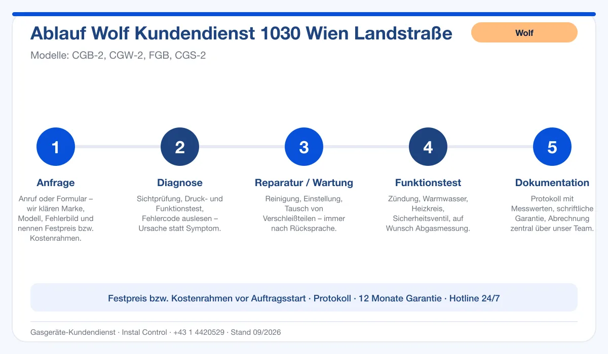 Infografik Ablauf Wolf Kundendienst 1030 Wien Landstraße: Anfrage, Diagnose, Service, Funktionstest, Protokoll