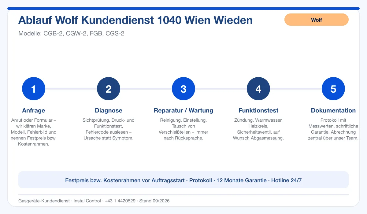 Infografik Ablauf Wolf Kundendienst 1040 Wien Wieden: Anfrage, Diagnose, Service, Funktionstest, Protokoll