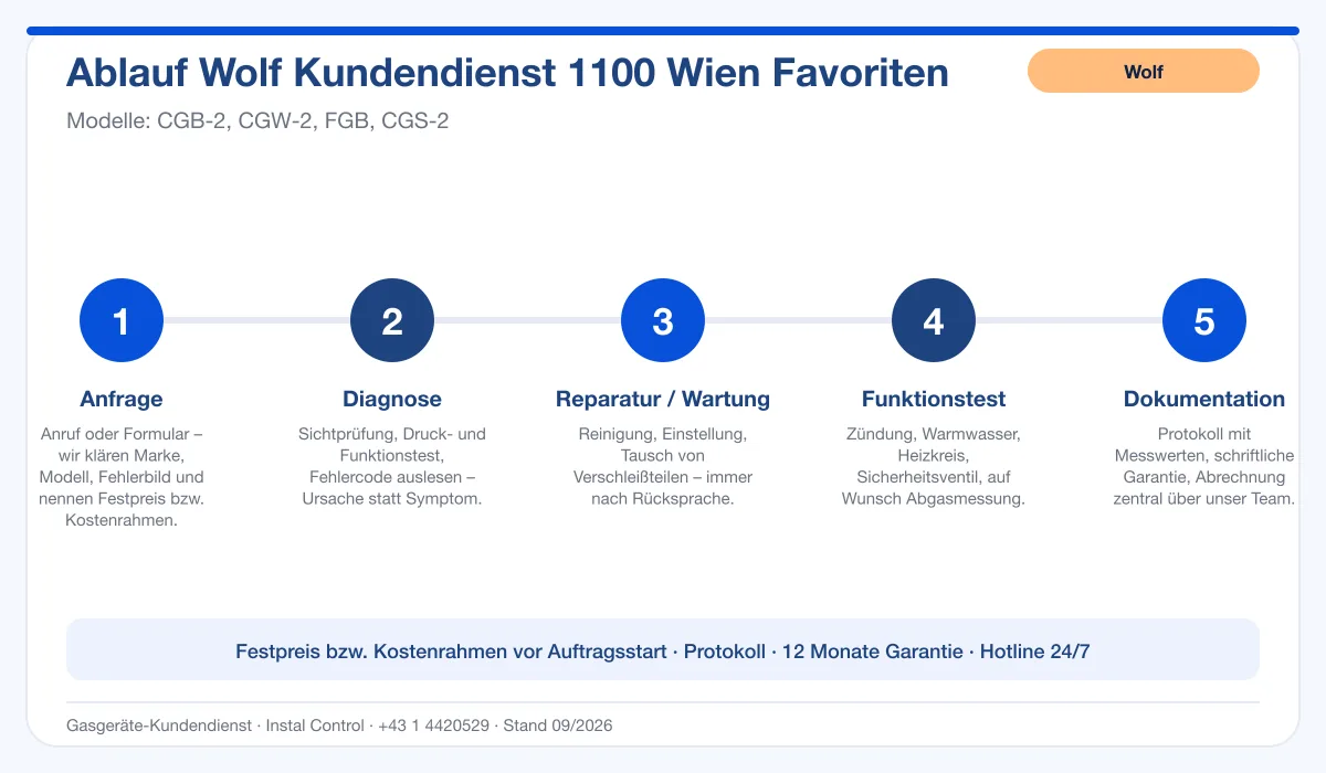 Infografik Ablauf Wolf Kundendienst 1100 Wien Favoriten: Anfrage, Diagnose, Service, Funktionstest, Protokoll