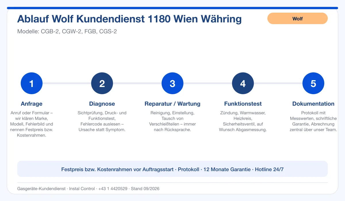 Infografik Ablauf Wolf Kundendienst 1180 Wien Währing: Anfrage, Diagnose, Service, Funktionstest, Protokoll