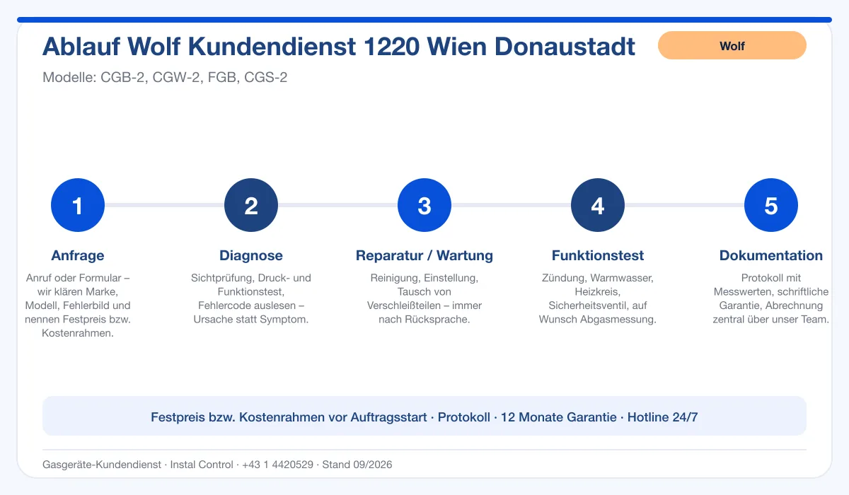 Infografik Ablauf Wolf Kundendienst 1220 Wien Donaustadt: Anfrage, Diagnose, Service, Funktionstest, Protokoll