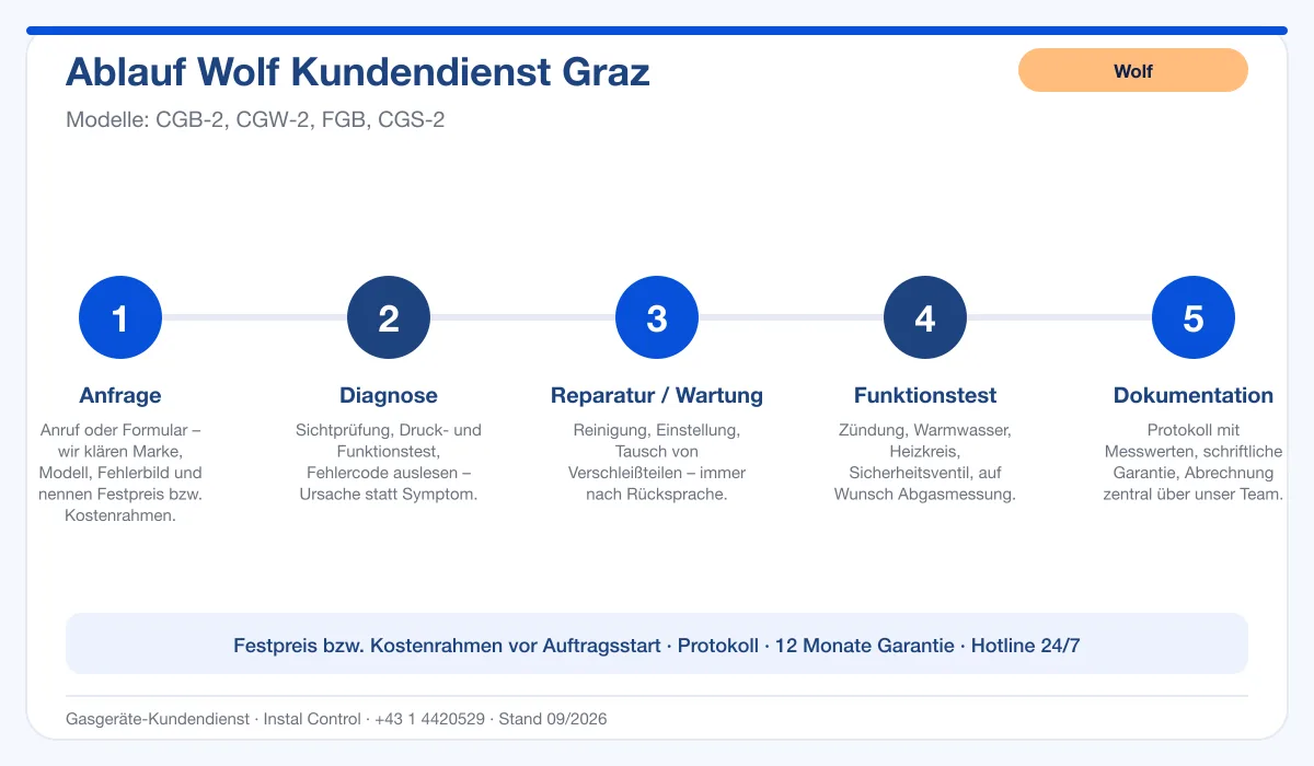 Infografik Ablauf Wolf Kundendienst Graz: Anfrage, Diagnose, Service, Funktionstest, Protokoll