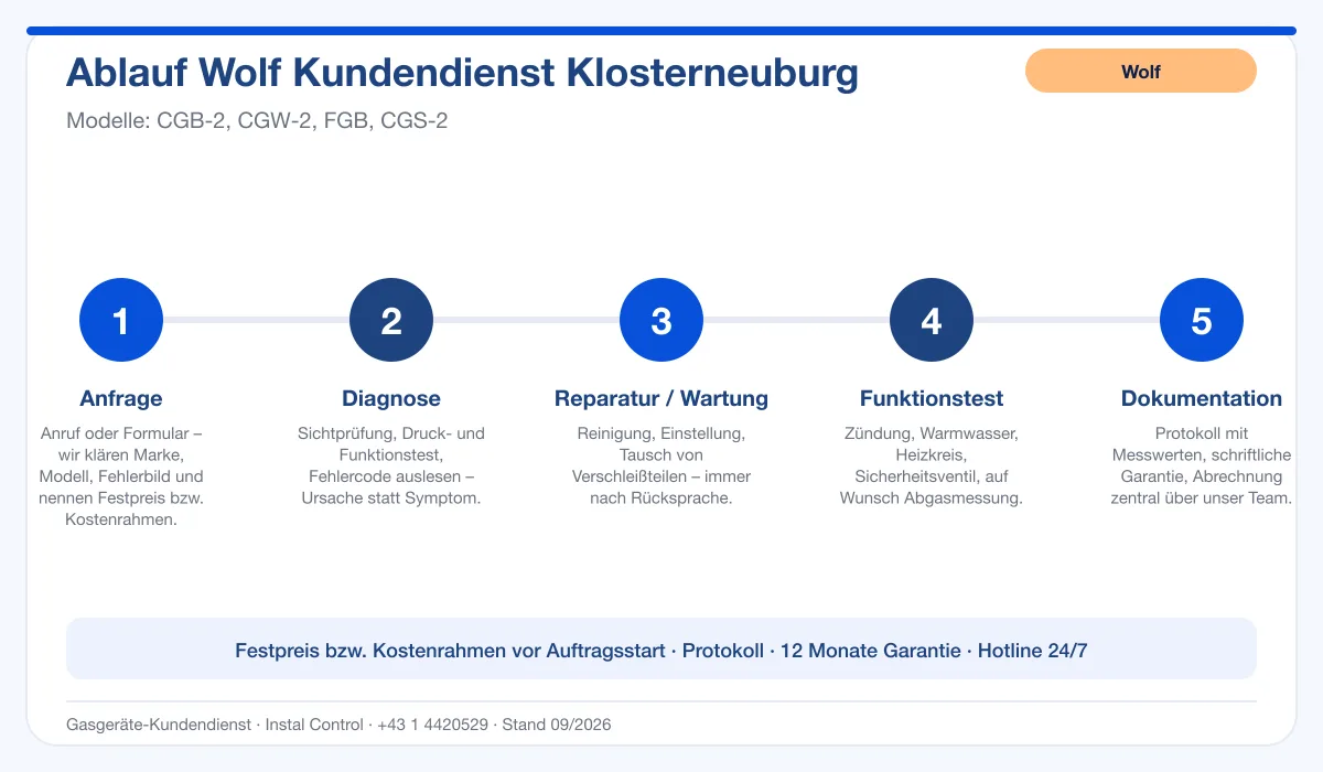 Infografik Ablauf Wolf Kundendienst Klosterneuburg: Anfrage, Diagnose, Service, Funktionstest, Protokoll