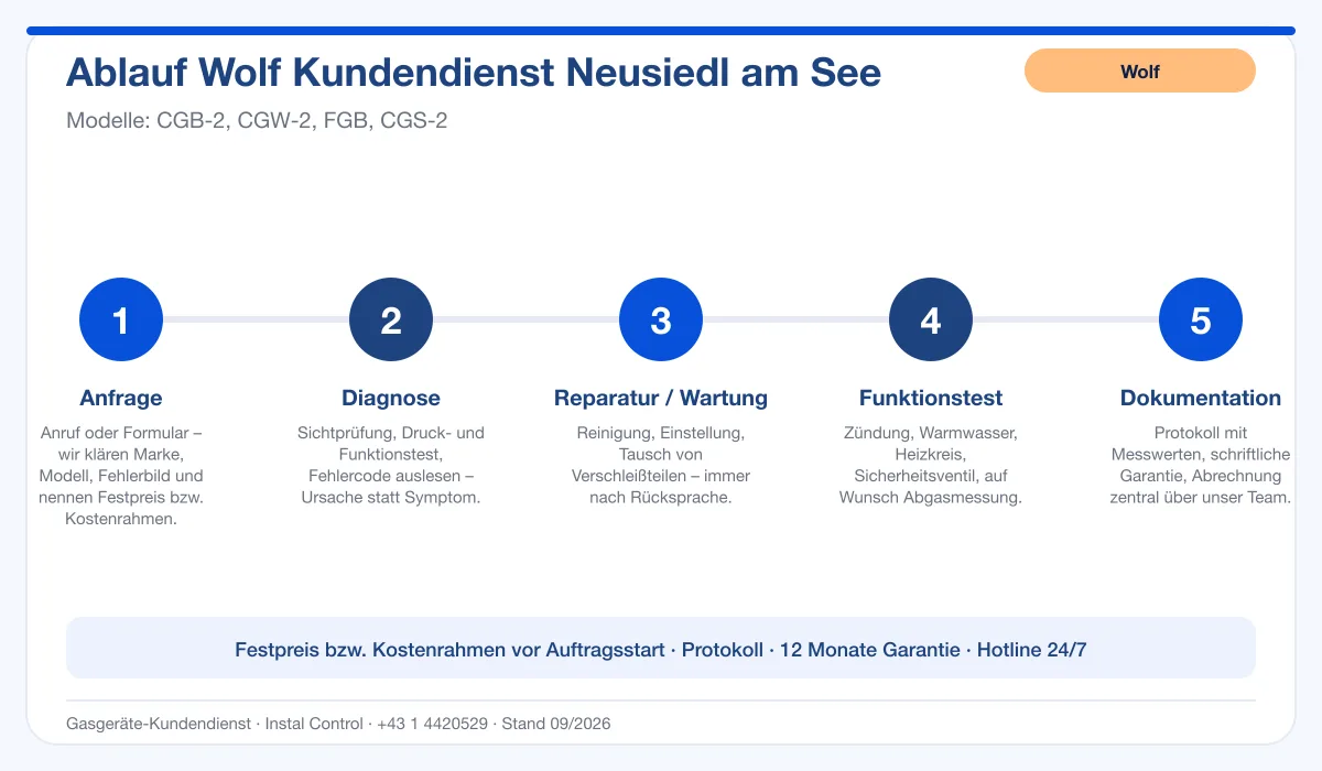 Infografik Ablauf Wolf Kundendienst Neusiedl am See: Anfrage, Diagnose, Service, Funktionstest, Protokoll