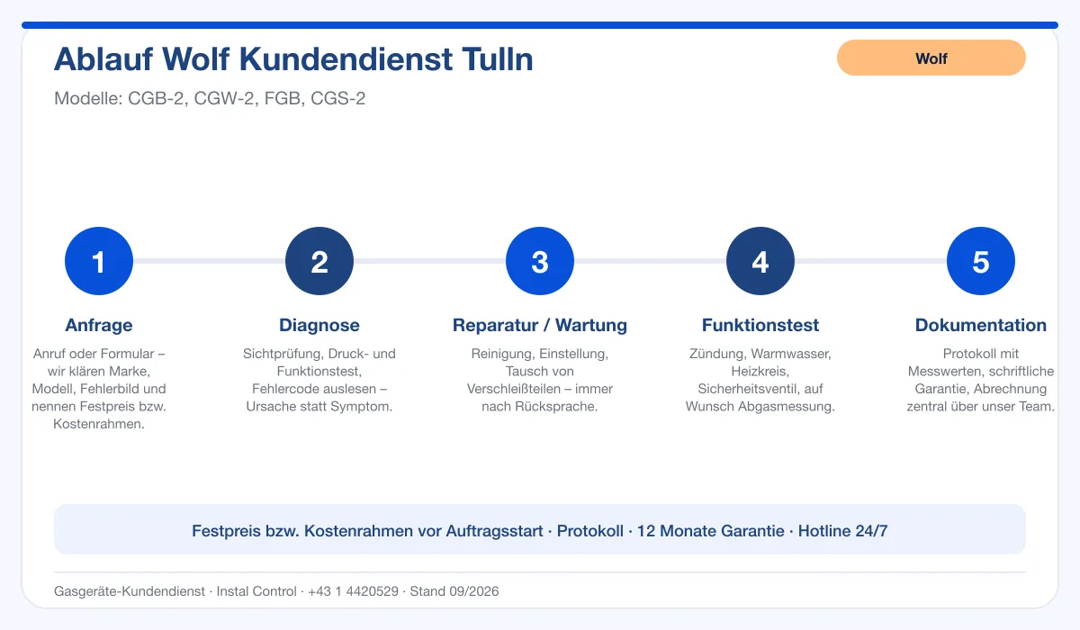 Infografik Ablauf Wolf Kundendienst Tulln: Anfrage, Diagnose, Service, Funktionstest, Protokoll