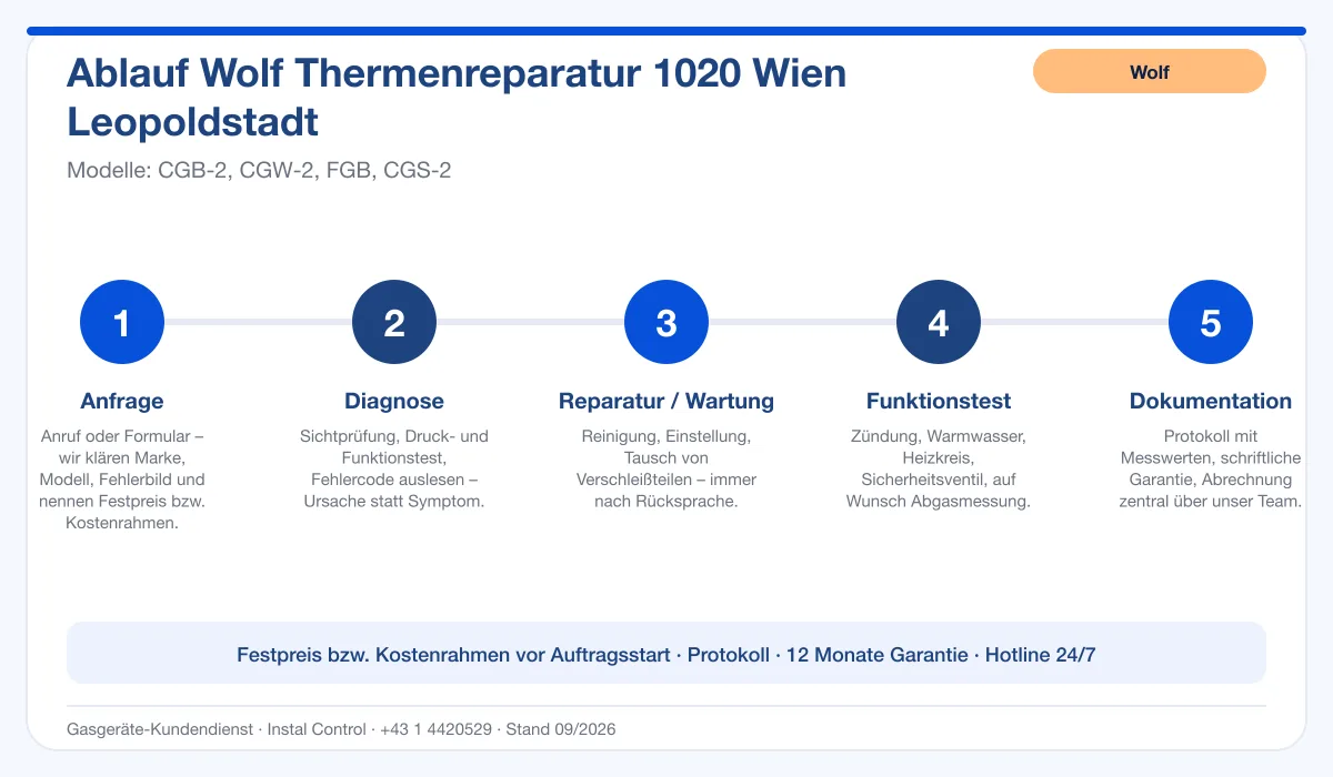 Infografik Ablauf Wolf Thermenreparatur 1020 Wien Leopoldstadt: Anfrage, Diagnose, Service, Funktionstest, Protokoll