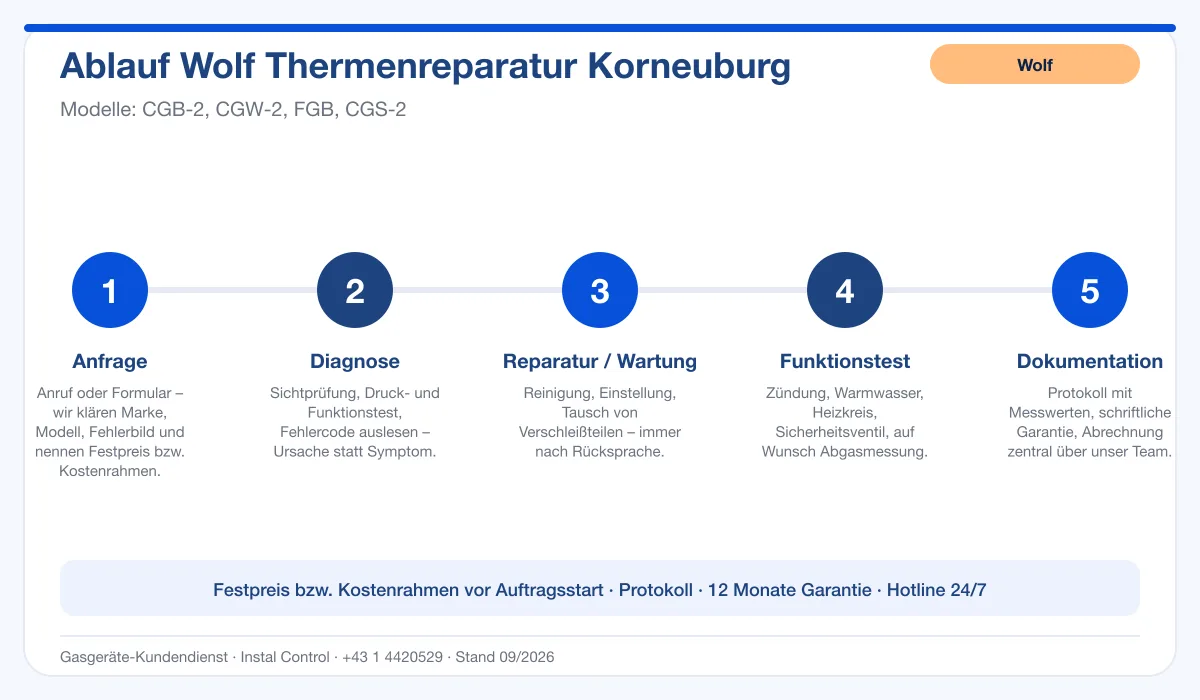 Infografik Ablauf Wolf Thermenreparatur Korneuburg: Anfrage, Diagnose, Service, Funktionstest, Protokoll