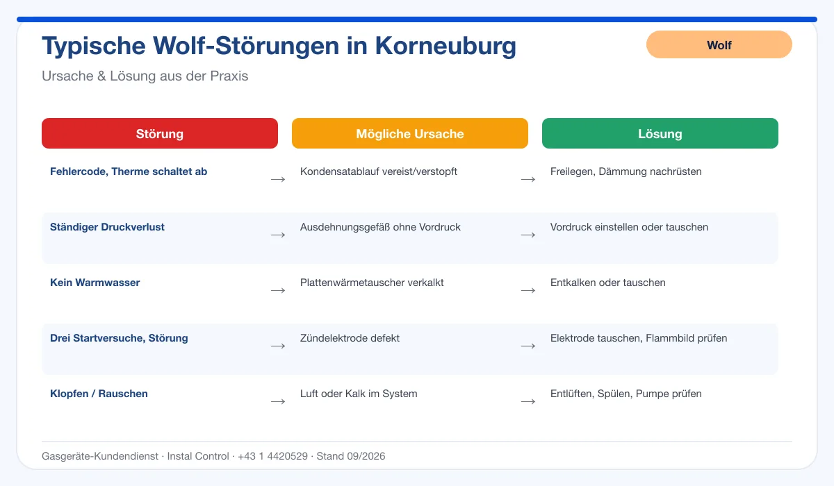 Infografik Wolf Thermenreparatur Korneuburg: typische Störungen, Ursachen und Lösungen