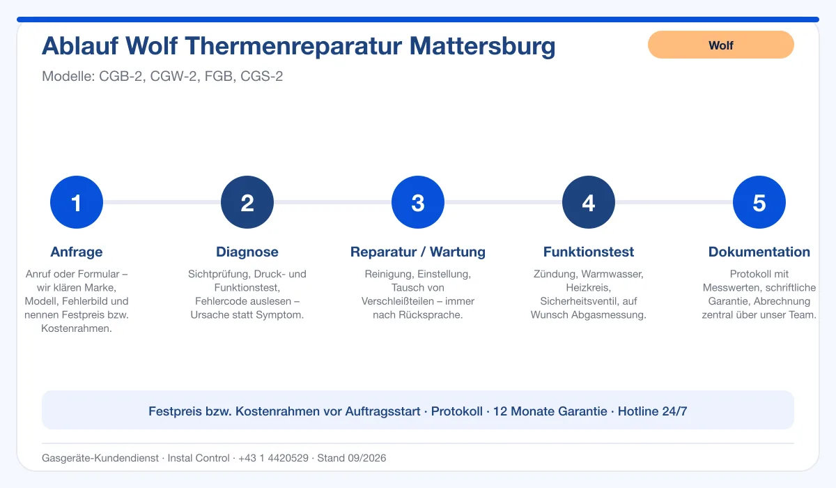 Infografik Ablauf Wolf Thermenreparatur Mattersburg: Anfrage, Diagnose, Service, Funktionstest, Protokoll