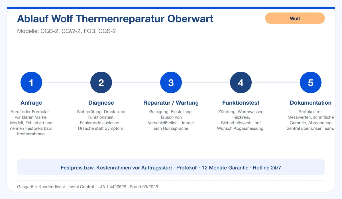 Infografik Ablauf Wolf Thermenreparatur Oberwart: Anfrage, Diagnose, Service, Funktionstest, Protokoll