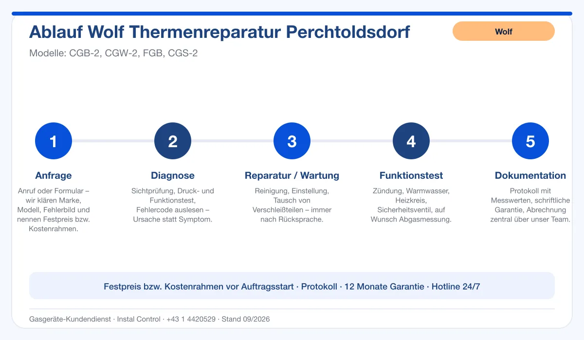 Infografik Ablauf Wolf Thermenreparatur Perchtoldsdorf: Anfrage, Diagnose, Service, Funktionstest, Protokoll